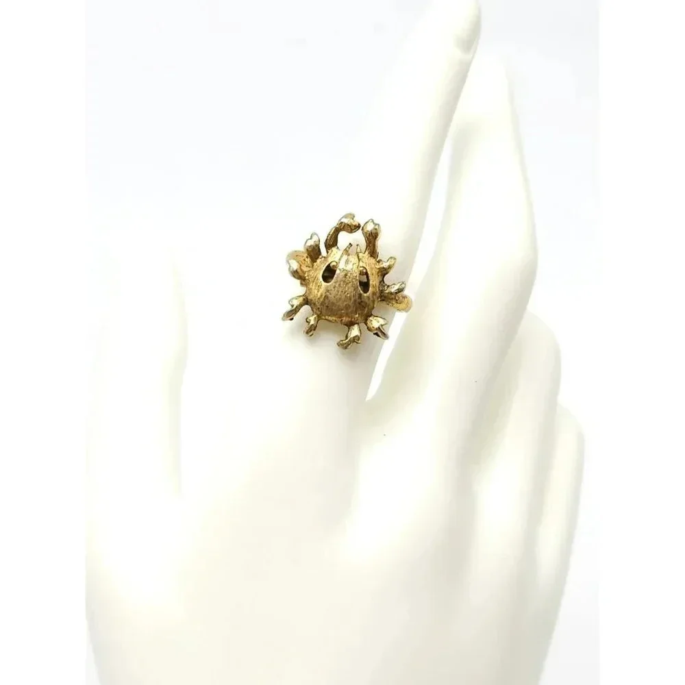 Textured Gold Tone Crab Openwork Vintage 1970s Ring Size 7